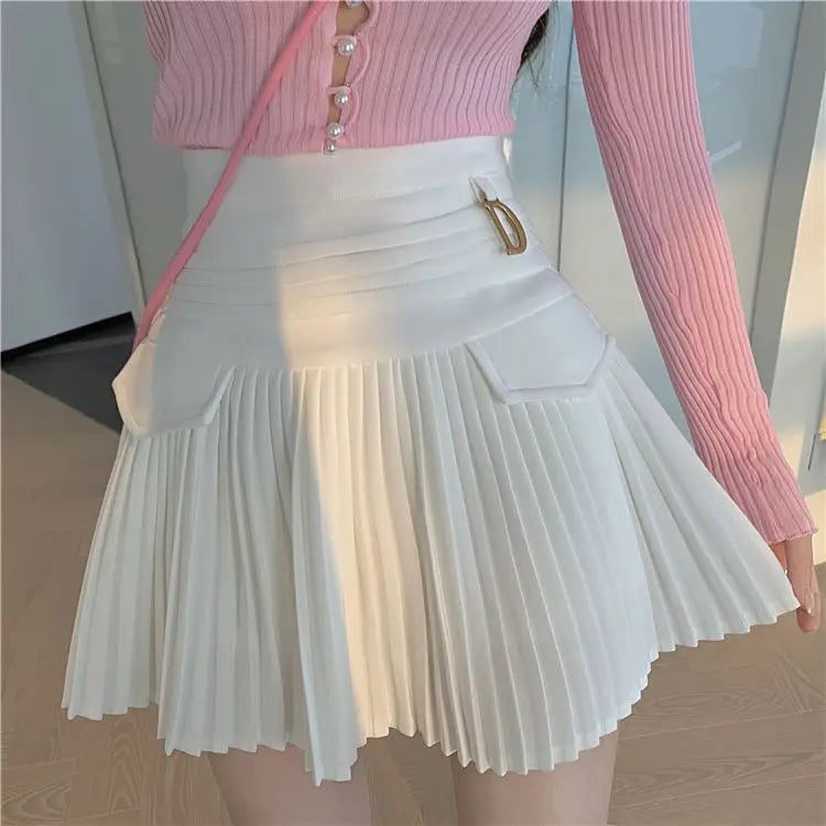 White Pleated Skirt Women  High Waist Skater Skirt Female Korean A-Line High Fashion Casual Short Skirt Women Bottoms.