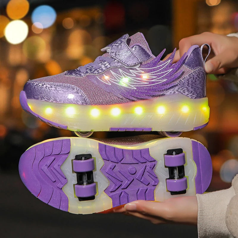 Boys Girls Roller Shoes LED Light Up USB Charging Children Roller Skate Casual Skateboarding Shoes Sports Shoes Kids Sneakers.