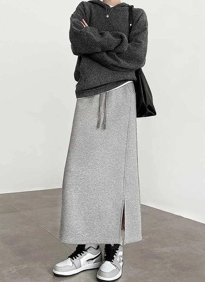 Women's Gray Split Midi Skirts Elasticity Waist Casual Loose Long Skirts Female Autumn Winter Thicken Plus Velvet Straight Skirt.