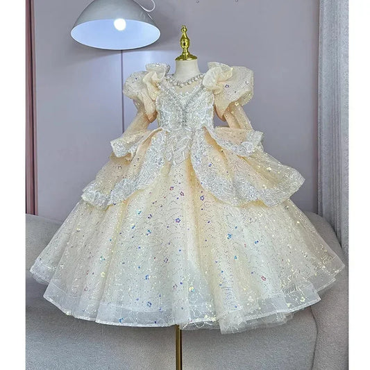 2025, Kinderkleid, Performance-Outfit, Mädchen, Blumen-Pailletten, geschwollenes Kleid, rote Partykleidung, Kinder, Mädchen, Geburtstag, Prinzessinnenkleider, glitzernd