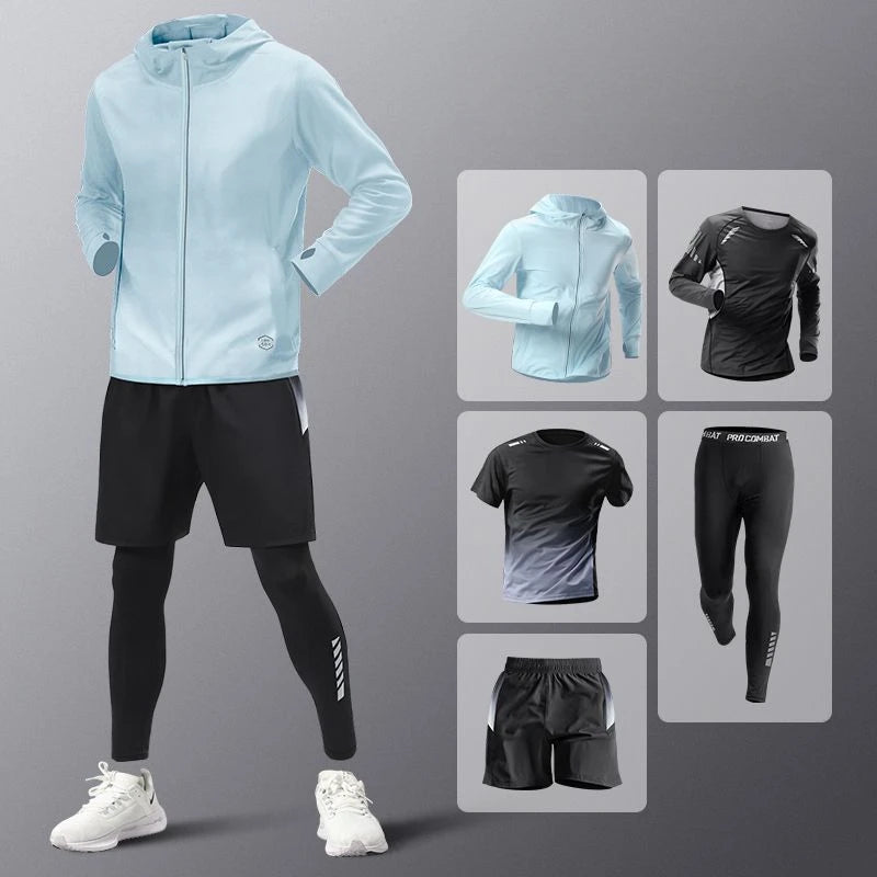 5pcs Men's Lightweight Summer Ice Silk Athletic Set Quick-Dry Running Clothes Outdoor Kit Cycling Fitness Men's Sportswear Set.