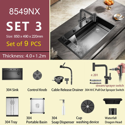 ASRAS large kitchen stainless steel nano sink with built-in waterfall faucet and large drainage outlet design