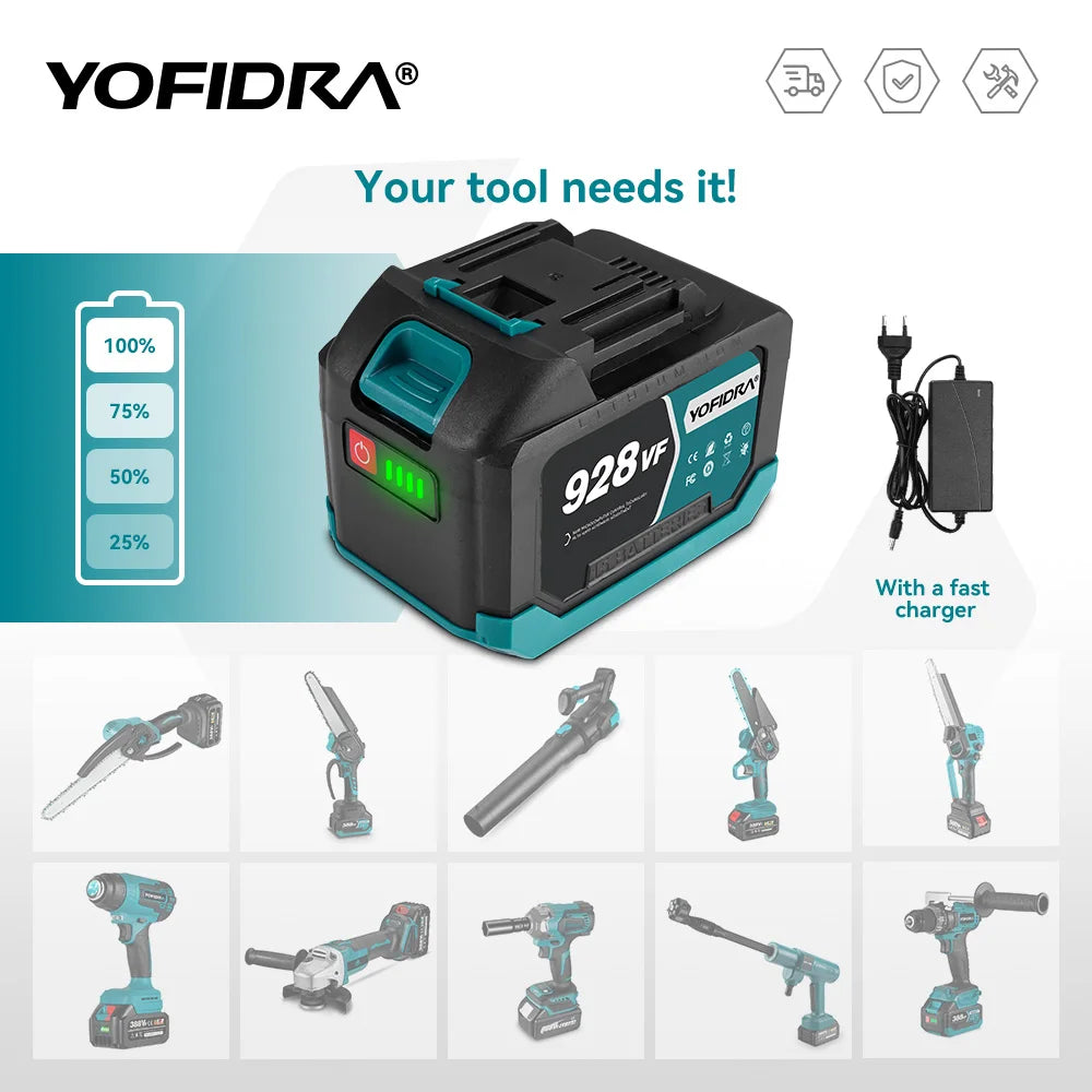 YOFIDRA 388VF 928VF wiederaufladbarer Lithium-Akku, 22500 mAh, 15000 mAh, Li-Ionen-Akku für elektrische Kettensäge, Bohrschlüssel, Elektrowerkzeug