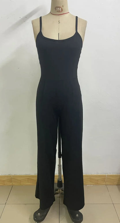 Fashionable Solid Color High Waist Bell Bottom Jumpsuit Backless Strap Casual Women's Long Pants One Piece Suit Female