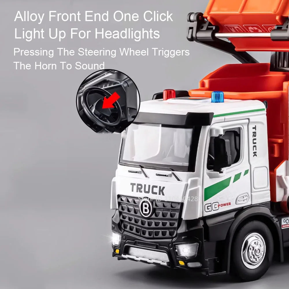 1:18 Electric Sanitation Garbage Truck Toy Cars Model Alloy Water Tanker Diecast Light Sound Vehicle Children's Educational Toys.