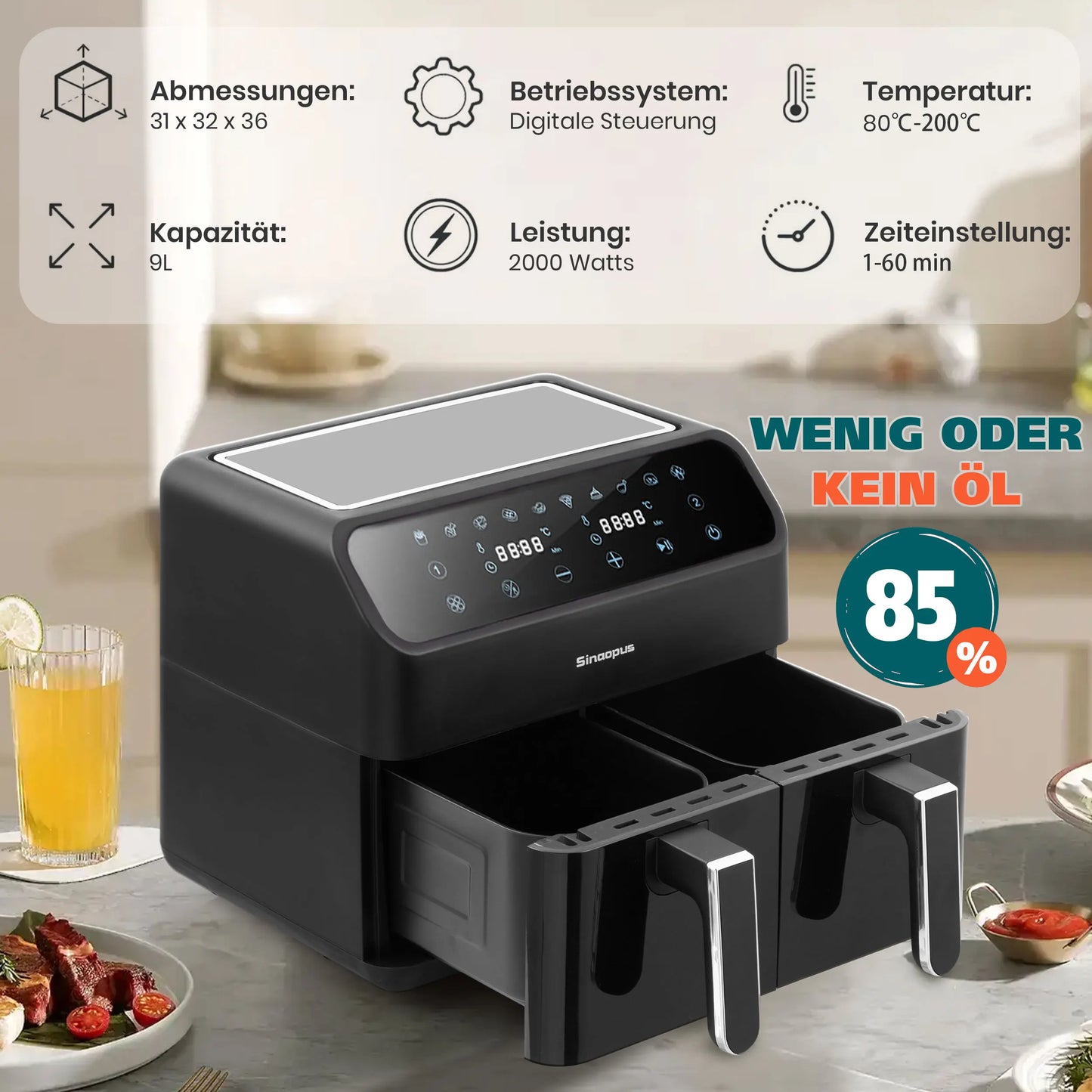 Sinaopus 2000W 9L XXL Hot Air Fryer with Dual Chambers Multi-function LED Touch Screen Timable Oil-Free Cooking Air Fryer.