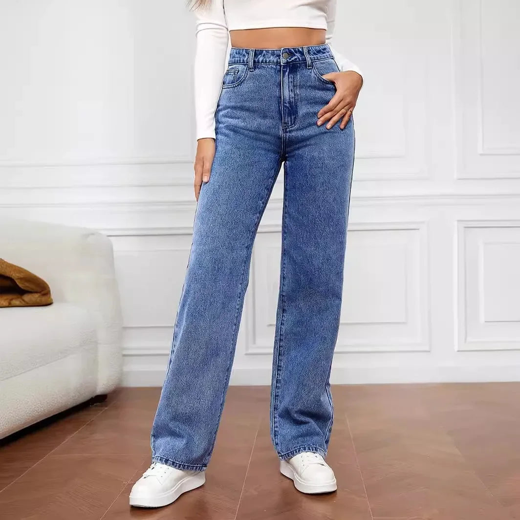 Casual Fashionable Elastic Washed Denim Straight Leg Jeans Women's Loose Straight Leg Trousers High Waist Chinese Production.