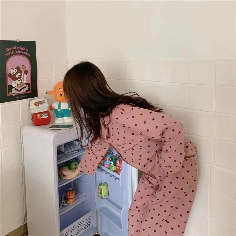 M-XXL Large Size Nightwear Women Sleepwear Autumn and Winter Cardigan Home Wear Peach Heart Long Sleeves School Silk Pajamas