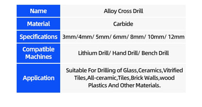 Kreuz-Sechskant-Fliesenbohrer für Glas, Beton, Keramikfliesen, Lochöffner, Tunstenkarbid, Hartmetall-Bits-Set, Werkzeuge, 3, 4, 5, 6, 8, 10, 12 mm