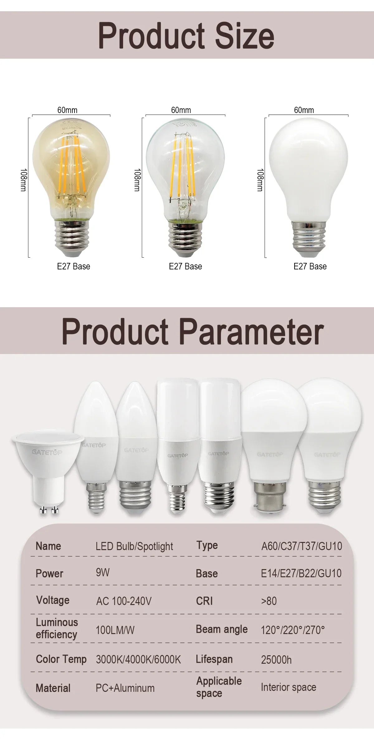 8PCS Led-lampe E27 B22 E14 220V GU10 Spot Licht 9W LED Glühlampe Retro Edison Vintage lampe AC 220V 110V Glas Lampen für Zuhause.