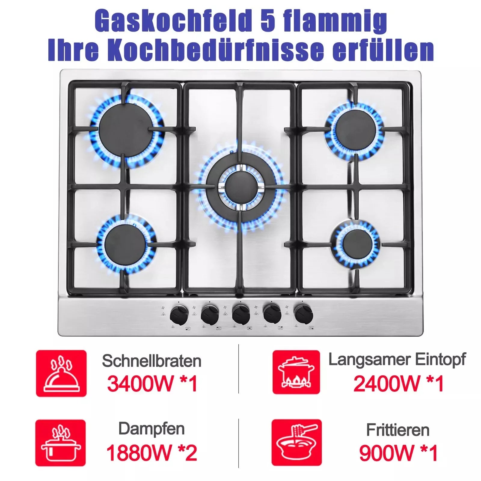 Topstrong 5 Burner Stainless Built-in Natural Gas Propane NG/LPG Gas Hob YYEUGCT-S05.