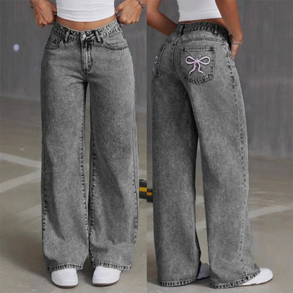 Women Wide Leg Boyfriend Jeans Straight Hip Hop Bow Embroidery Denim Pants Low Waist Baggy Jeans Casual Loose Jeans Streetwear.