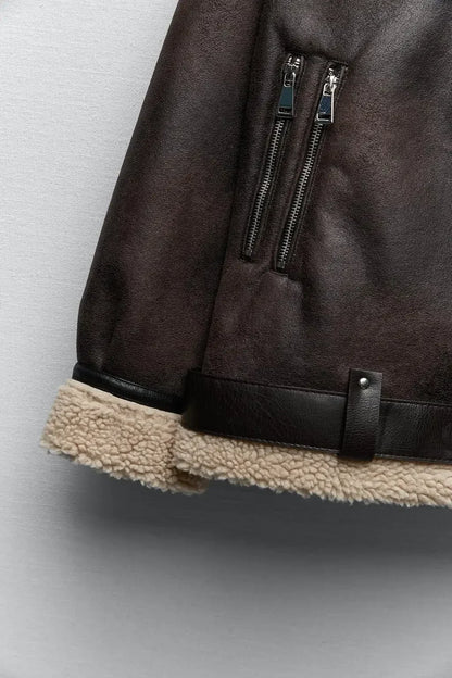 Frau dicke warme doppelseitige Faux Shear ling Jacke Herbst Winter neue Revers Langarm Gürtel Saum Reiß verschluss weibliche Oberbekleidung