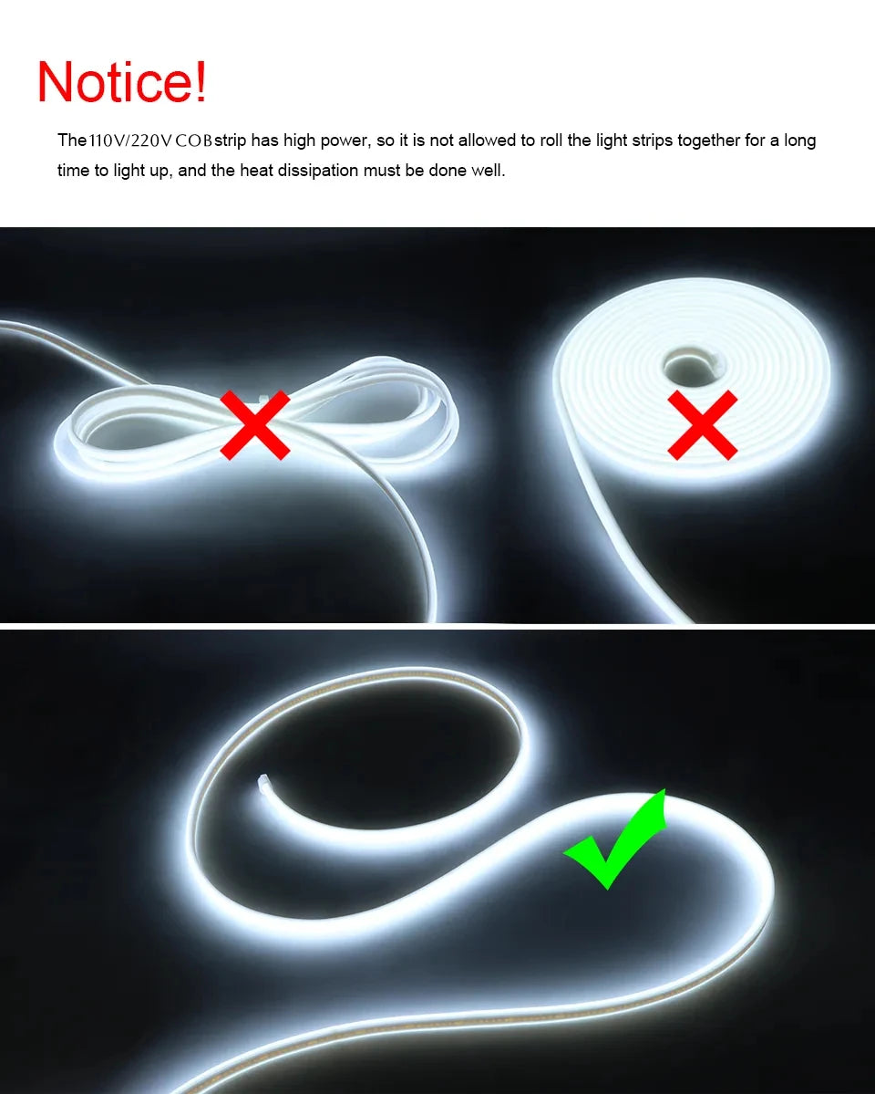 10M 5M 3M COB LED Light Strip 220V IP65 Waterproof Diode Tape 288LED/M High Lumen Neon Tube Lamp Tape Kitchen Closet Backlight.