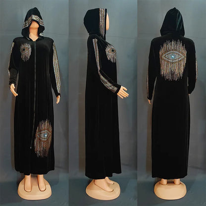 Long Sleeved Hooded Muslim Dress Velvet Diamond Clothing for Women Dubai Abayas Casual Korean Style Kaftan Evening Dress Abayas.