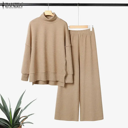 ZANZEA Gestrickte 2-teilige Hosen-Sets für Damen, lässig, lockerer Rollkragen, Langarm-Pullover und Hosenanzüge mit weitem Bein, tägliche Outfits