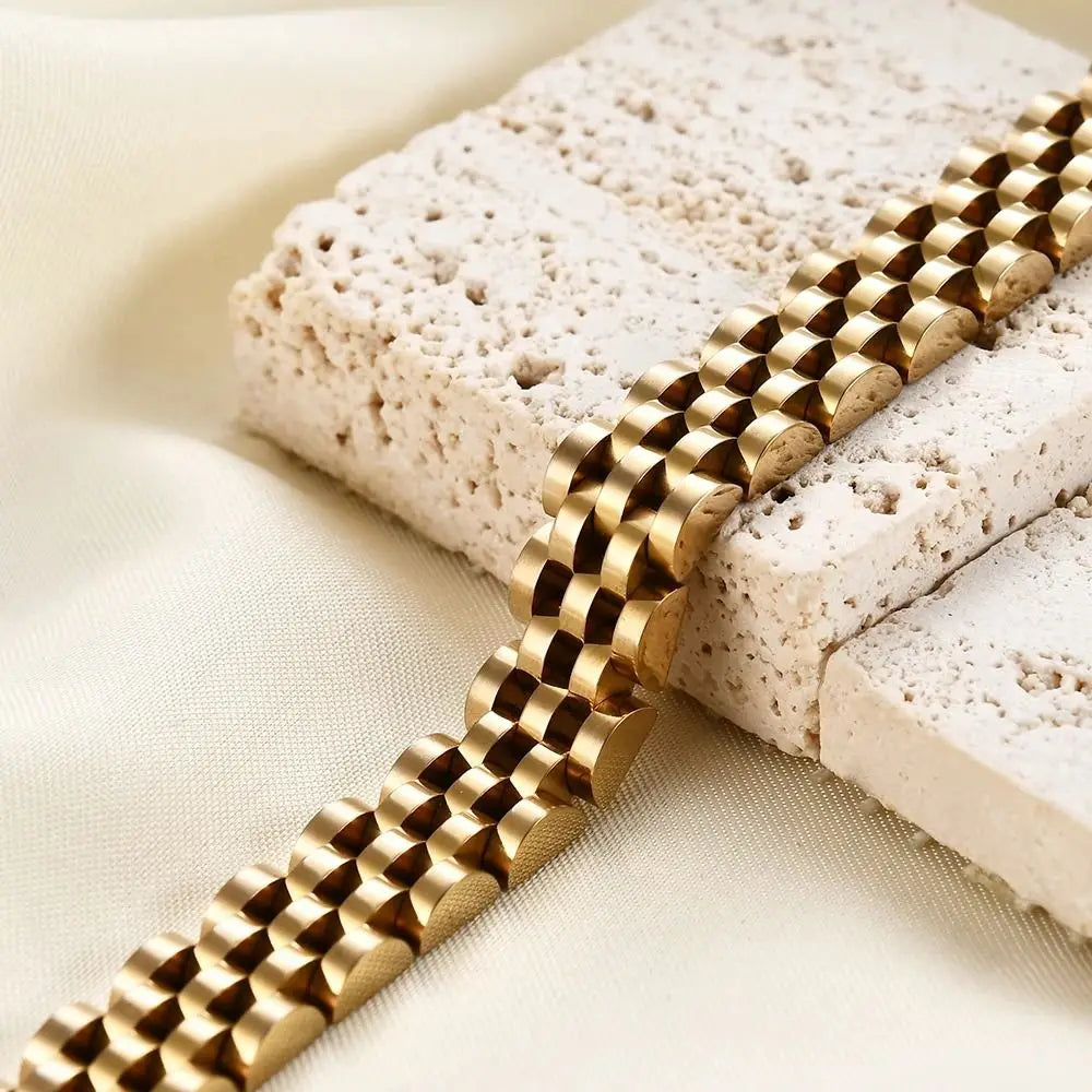 VQYSKO Trendy Minimalist Stainless Steel Gold Color Plated Watch Strap Bracelet for Women/Men Jewelry Gifts Couple Bracelet.