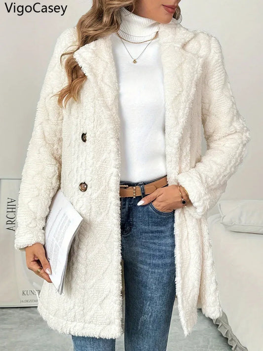VigoCasey 2025, Herbst Winter Frauen Casual Jacke Weiß Dicken Plüsch Warme Mantel Langarm Weiche Strickjacke Dame Einreiher Mantel