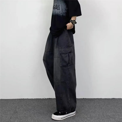 Japanese Vintage Wide-leg Pocket Cargo Pants Men's Autumn/winter New Trendy Brand Ins Unisex Loose Fit Straight Leg Jeans.