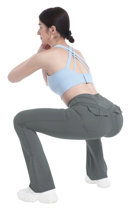 Damen-Leggings mit ausgestellten Taschen, weiche Yoga-Hose im Cargo-Stil, hohe Taille, schmale Hose, Fitness- und Bodybuilding-Sportbekleidung