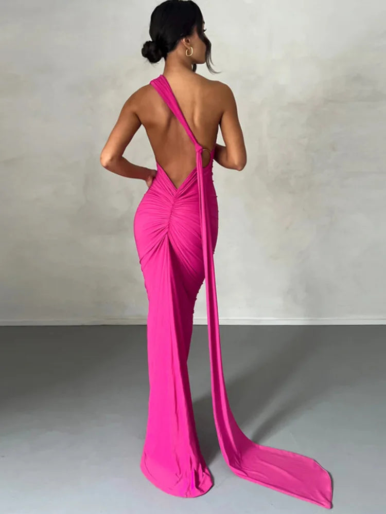 Mozision Schräge Schulter Backless Maxi Kleid Für Frauen Kleid Sommer Zurück Strap Ärmellose Geraffte Party Sexy Langes Kleid Vestidos.