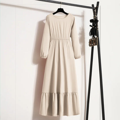 Frühling Herbst Mode weibliche Vestidos solide volle Ärmel O-Ausschnitt lässig Chiffon Kleid Frauen muslimischen langen Kleid Maxi kleider