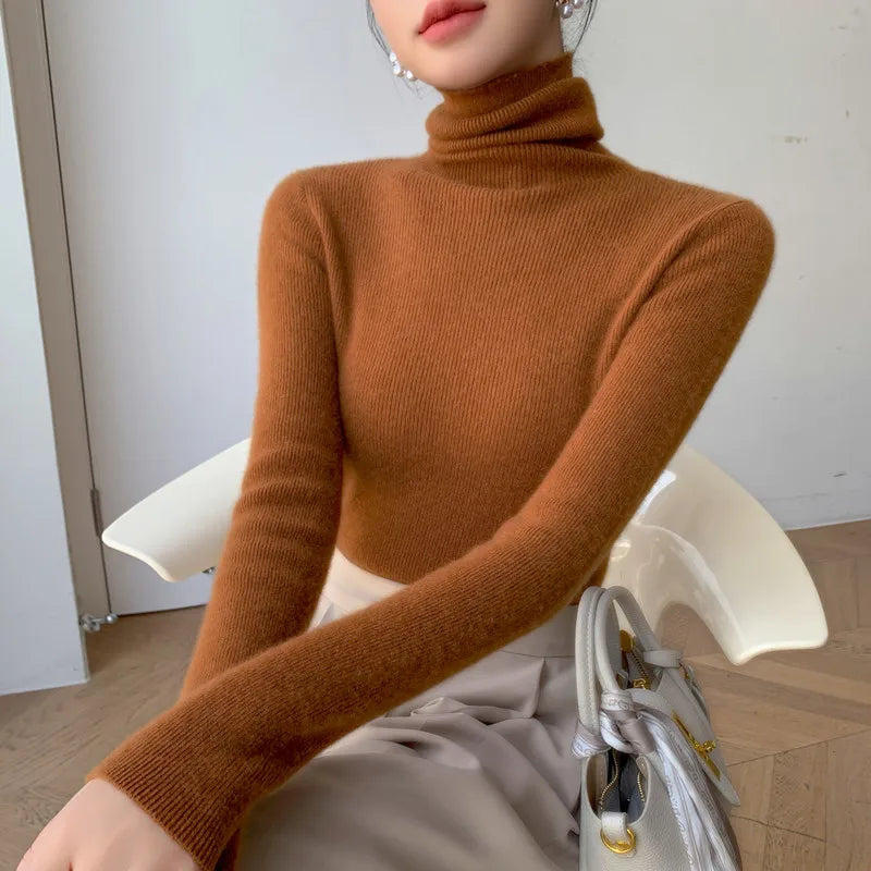 2025 herbst Winter Rollkragen Warme Jumper Lässig Feste Dünne Strickjacke Frauen Langarm Gestrickte Pullover Einfache Basis Schicht Top