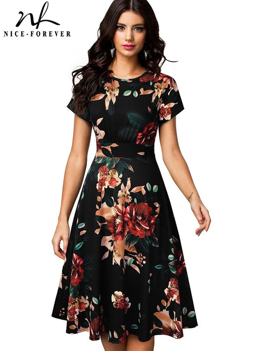 Nice-forever Vintage Elegante Blumen Druck Plissee Rundhals vestidos A-Line Pinup Business Party Frauen Flare Swing Kleid A102