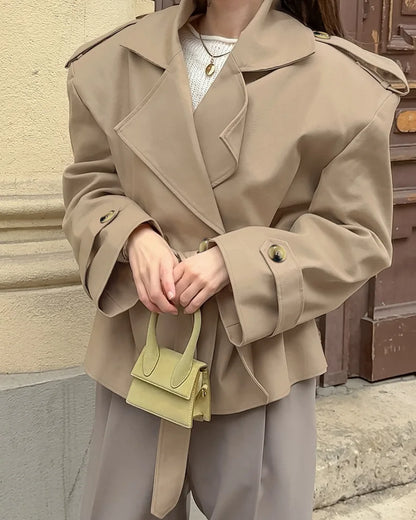 2025 Women Fall Lace-up Cropped Trench Coat Fashion Lapel Long Sleeves Wide Shoulder Windbreaker Jacket Commuting Daily Jackets