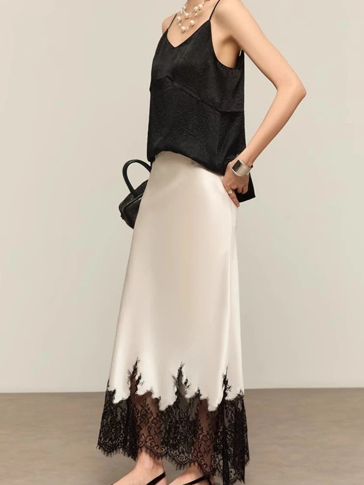 Mia Girl Elegant Satin Long Skirts for Women Oversize Lace Patchwork High Waist A-line Skirt French Style Summer Chic Lady Skirt.