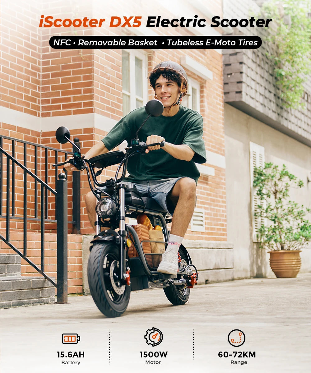 iScooter DX5 Electric Scooter With Seat and Basket 1500W 15.6Ah Scooter for Adults 72KM Range 15''Scooter with NFCs 55KM/h Speed.