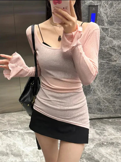 Mesh Sheer Irregular T Shirt For Women New Long Sleeve See-Through Korean Pullover Tops Sexy Autumn Girls Top Tee Shirt Casual.