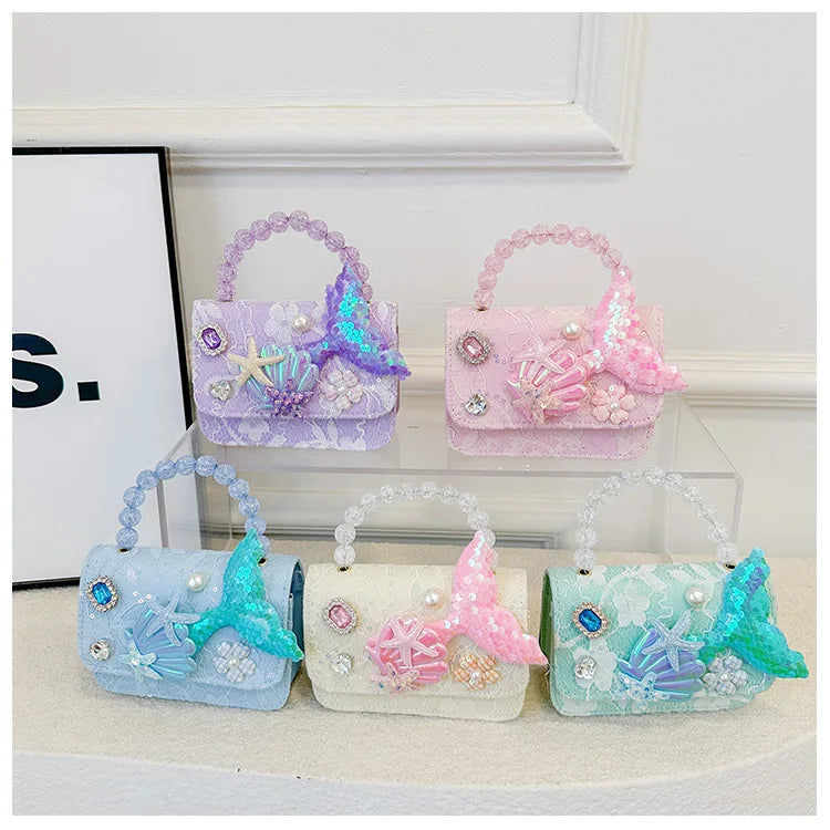Lovely Sequin Girls Square Shoulder Bag Fish Tail Starfish Princess Crossbody Bags Bead Handle Children's Small Handbags Purse