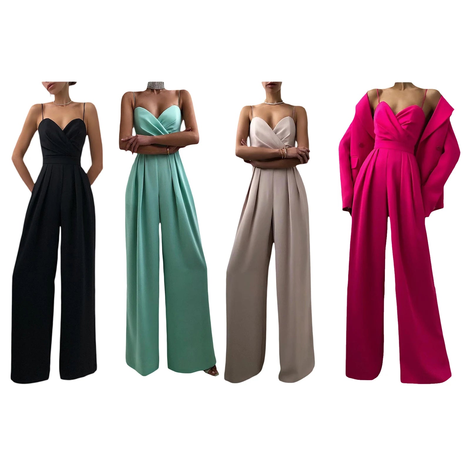 Women's Spaghetti Straps V Neck Jumpsuit Sleeveless High Waist Wide Leg Long Pants Solid Casual Loose Rompers Outfit Overall.