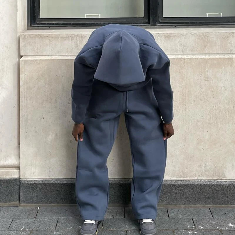 Men Cotton Vintage Tracksuit 2pcs Set Hoodies Straight Pants Casual Loose Hip Hop Sports Hooded Pullover Trousers Y2k Streetwear