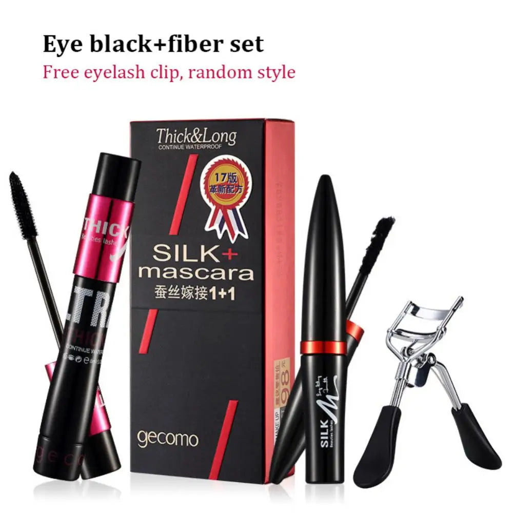 Fiber Silk Mascara Set Double Tube Natural Waterproof Dense Long Lasting No Halo Dye Mascara Beauty Makeup Extension Cream.