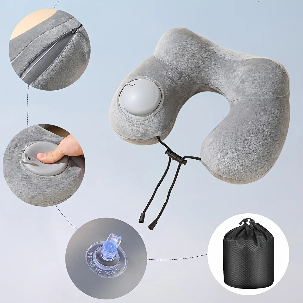 1 press type inflatable pillow U-shaped pillow, foldable U-shaped double hump neck pillow, portable outdoor travel pillow.