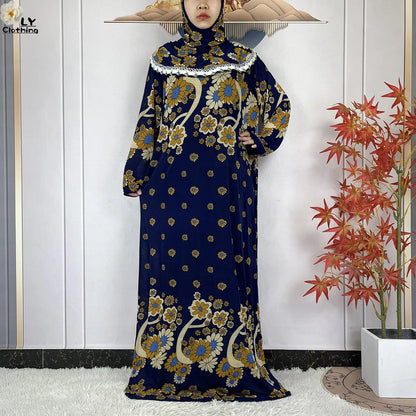 Muslim Ramadan Prayer For Women Long Sleeved Floral 2023Dubai Turkey Middle East Femme Loose Robe African Abayas Headscarf Dress