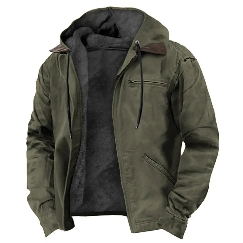 Winter New Men Casual Jackets Hooded Zipper Pocket Fashion Solid Color Fleece Warm Outerwear Male Outdoor Hooded Hoodie Coats.