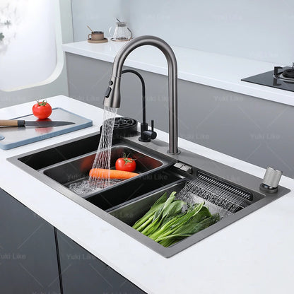 New Stainless Steel Kitchen Sink with Waterfall  Large Single Slot Various Multifunctional Sinks Dish and Vegetable Wash Basin