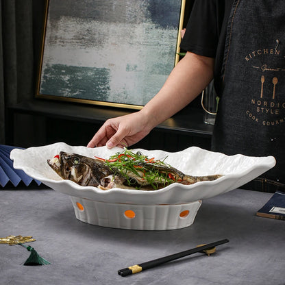 Large Irregular Fish Plate Household Cauldron Bowl Heating and Insulation Plate Ceramic Hotel Tableware Soup Plate.