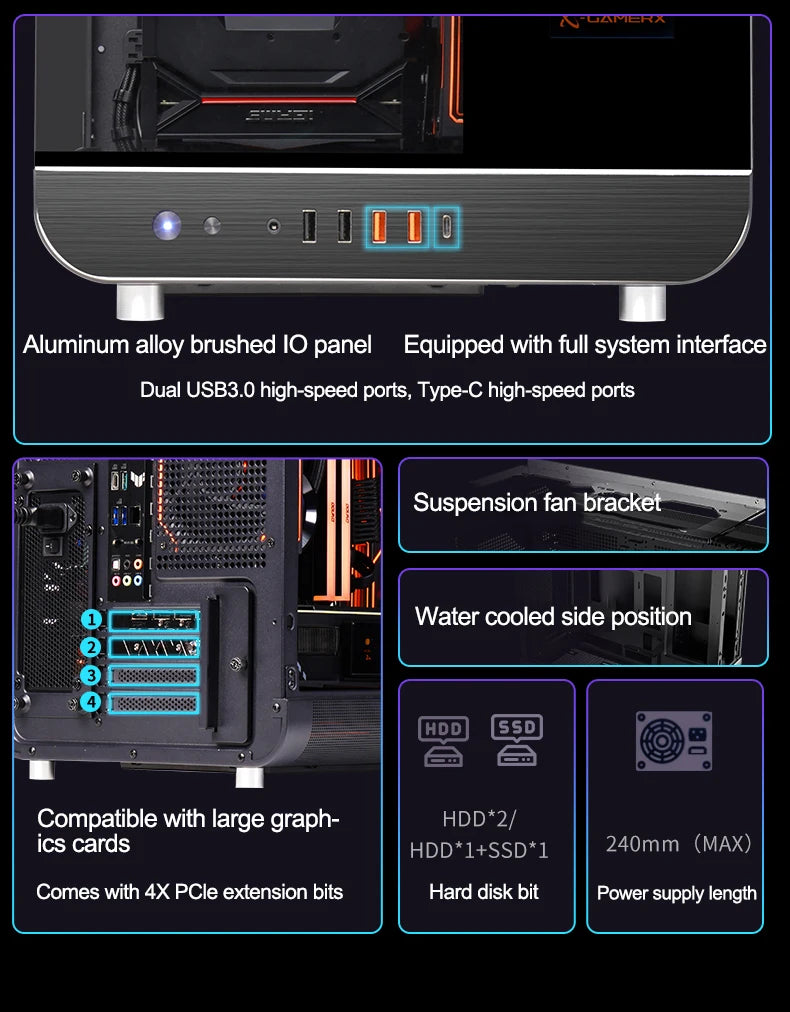 X-GAMERX HUANYI WING MATX Seaview room Case Vertical Desktop Computer 360 Water-cooled Chassis TYPE-C Interface With Screen.