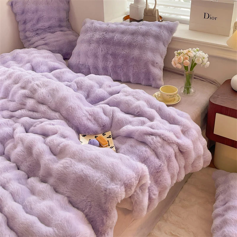 Luxury Faux Rabbit Fur Velvet Fleece Plush Soft Warm Bedding Set Super Comfortable Duvet Cover Set Blanket Bed Sheet Pillowcases