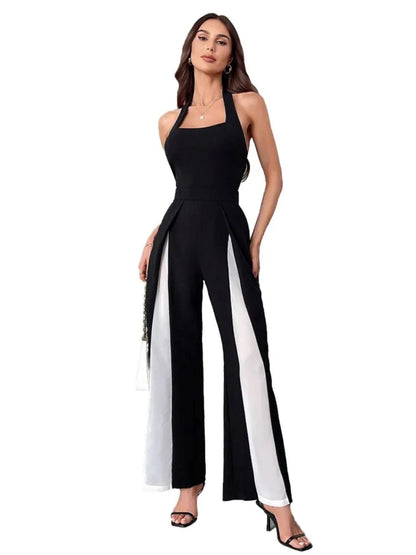 Casual Sleeveless Round Neck Jumpsuit Women's 2025 Summer Fashion Patchwork Slimming Halter Neck Sleeveless Backless One Piece.