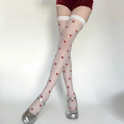 Cute Red Love Heart Printing Stockings For Girls Thin Silk Stockings Female Over Knee Socks For Garters Women Sweet Girl.