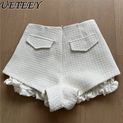 Autumn Winter New Woven Tweed Fungus Edge Buckle Shorts Femininity Versatile High Waist Pure Desire Wind Boots Short Pants.