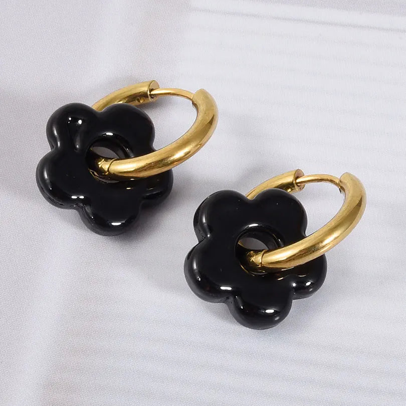 Colorful Flower Glass Drop Charms Earring Gold Color Circle Ear Buckle Hoops Stainless Steel Earrings Fashion Jewelry for Women.