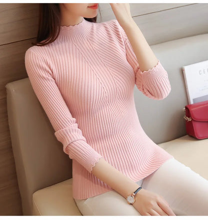 2025 herbst Frauen Mock Neck Rüschen Pullover Langarm Gestrickte Bodenbildung Solide Pullover Streifen Frauen Casual Pullover Winter