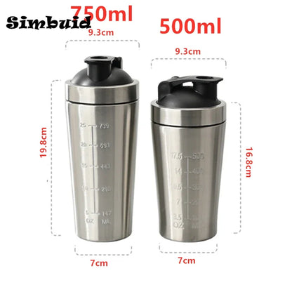 500ML/750ML Stainless Steel Protein Powder Shaker Bottle with Steel Ball and Scale Leak Proof Gym Fitness Sport Whey Shakes Cup.