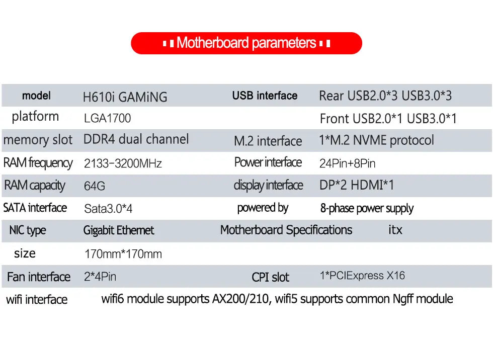 JGINYUE H610 Motherboard LGA1700 Support Intel Core i3/i5/i7/i9 12th 13th Processor Dual channel DDR4 Memory H610i GAMiNG.